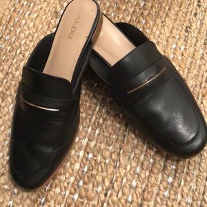 Aldo size 8.5 black leather loafer slides